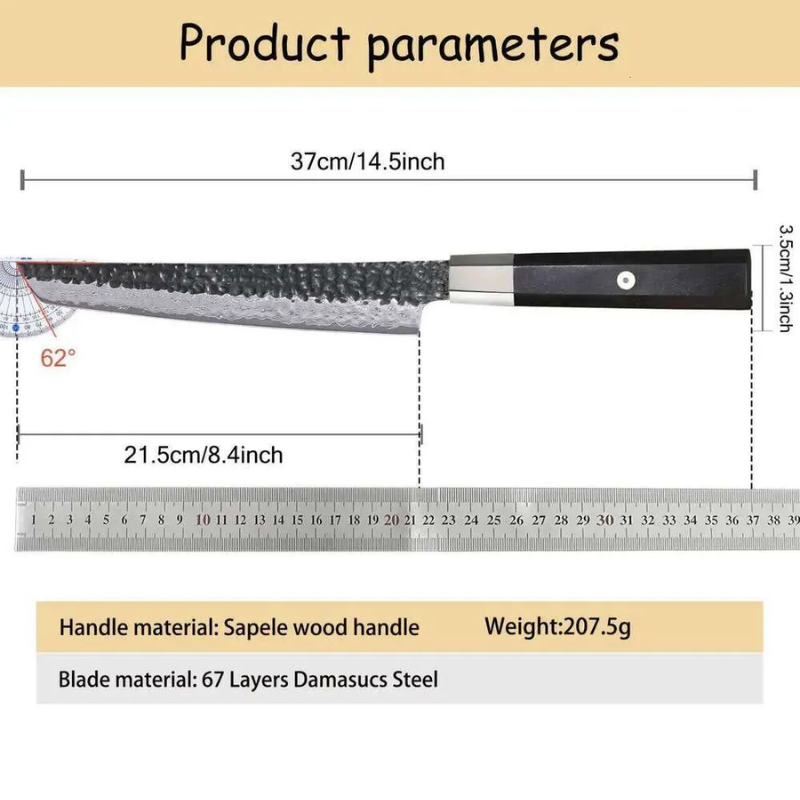 67-Layer Damascus Steel Yanagiba Sashimi Knife, Octagonal Wood Handle Slicer - Hugo Knives™