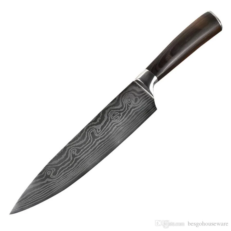 8-Inch Damascus Pattern Stainless Steel Chef Knife, Ergonomic Dark Wood Handle - Hugo Knives™
