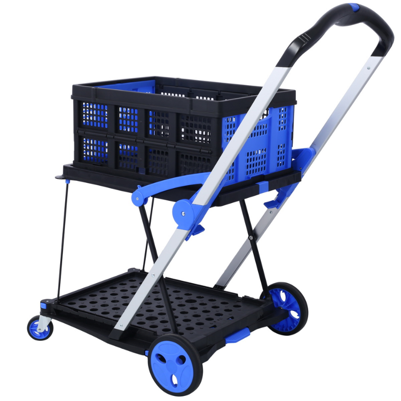 Tier Collapsible Utility Shopping Cart with Folding Crate, Blue Aluminum - Hugo Knives™