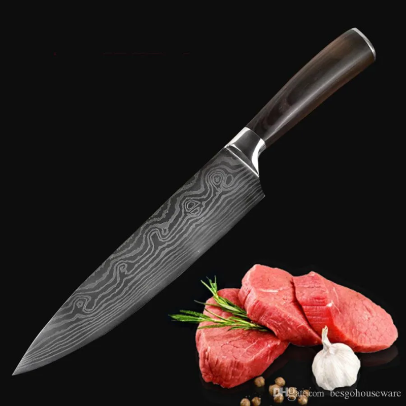 8-Inch Damascus Pattern Stainless Steel Chef Knife, Ergonomic Dark Wood Handle - Hugo Knives™