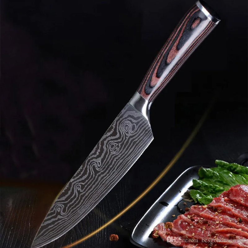 8-Inch Damascus Pattern Stainless Steel Chef Knife, Ergonomic Dark Wood Handle - Hugo Knives™