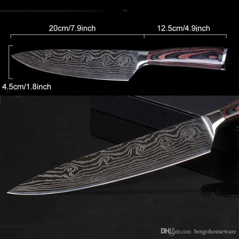 8-Inch Damascus Pattern Stainless Steel Chef Knife, Ergonomic Dark Wood Handle - Hugo Knives™