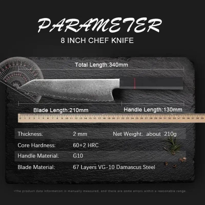 Hugo Knives 8 Inch Damascus Steel Food Slicer - Premium 67-Layer VG10 Culinary Tool with Ergonomic G10 Handle