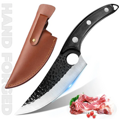 Professional High Carbon and Manganese Steel Chef, Butcher, and Boning Cleaver Knife with Leather Sheath