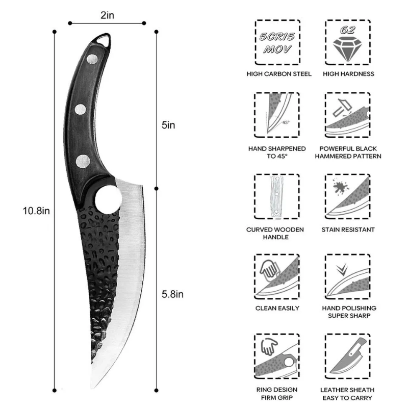 Professional High Carbon and Manganese Steel Chef, Butcher, and Boning Cleaver Knife with Leather Sheath