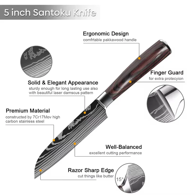 Santoku Japanese Kitchen Knives Damascus Pattern Professional Cooking