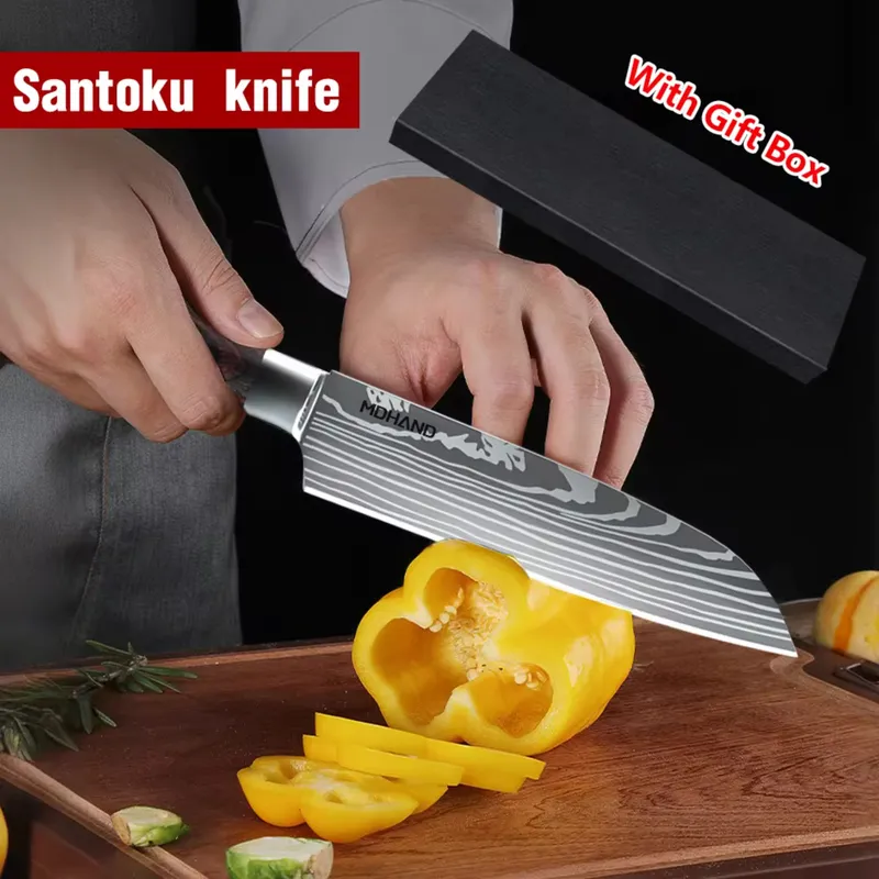 Santoku Japanese Kitchen Knives Damascus Pattern Professional Cooking