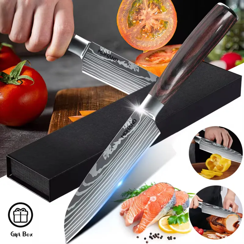 Santoku Japanese Kitchen Knives Damascus Pattern Professional Cooking