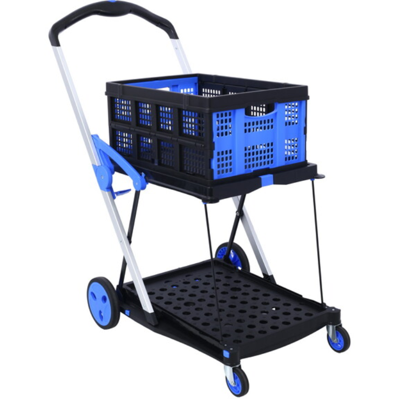 Tier Collapsible Utility Shopping Cart with Folding Crate, Blue Aluminum - Hugo Knives™